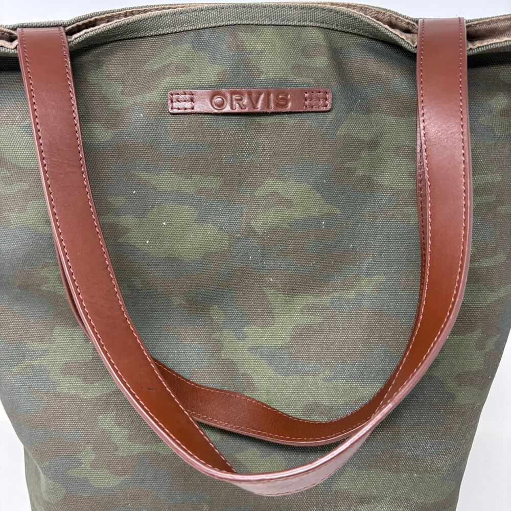 Orvis Camo Canvas Tote Bag Leather Trim Travel Casual Military Moto Army - Picture 3 of 10